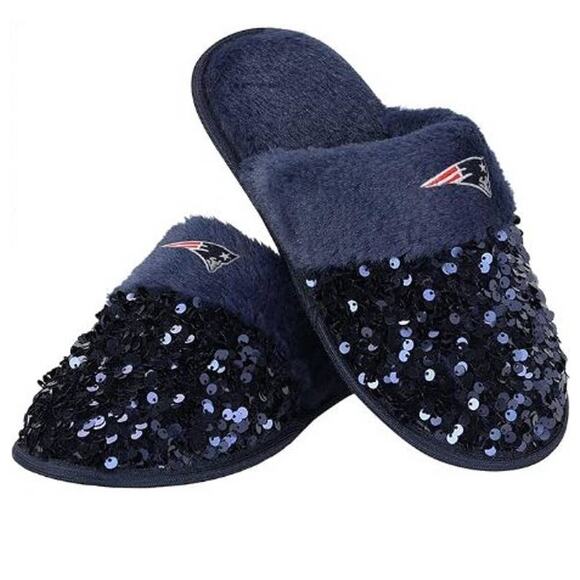 New England Patriots Women's Sequin Glamour Slippers Large Size 9/10 - Picture 1 of 8